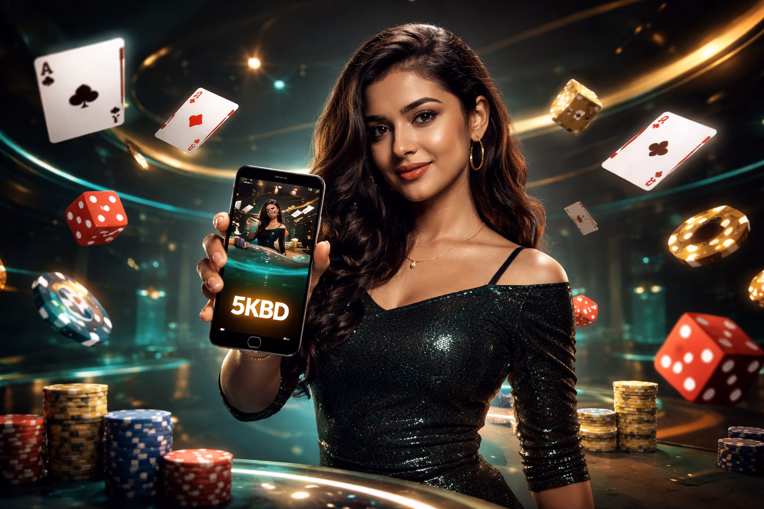 Confident Bangladeshi gamer enjoying the 5KBD app with floating cards, dice and chips around her smartphone