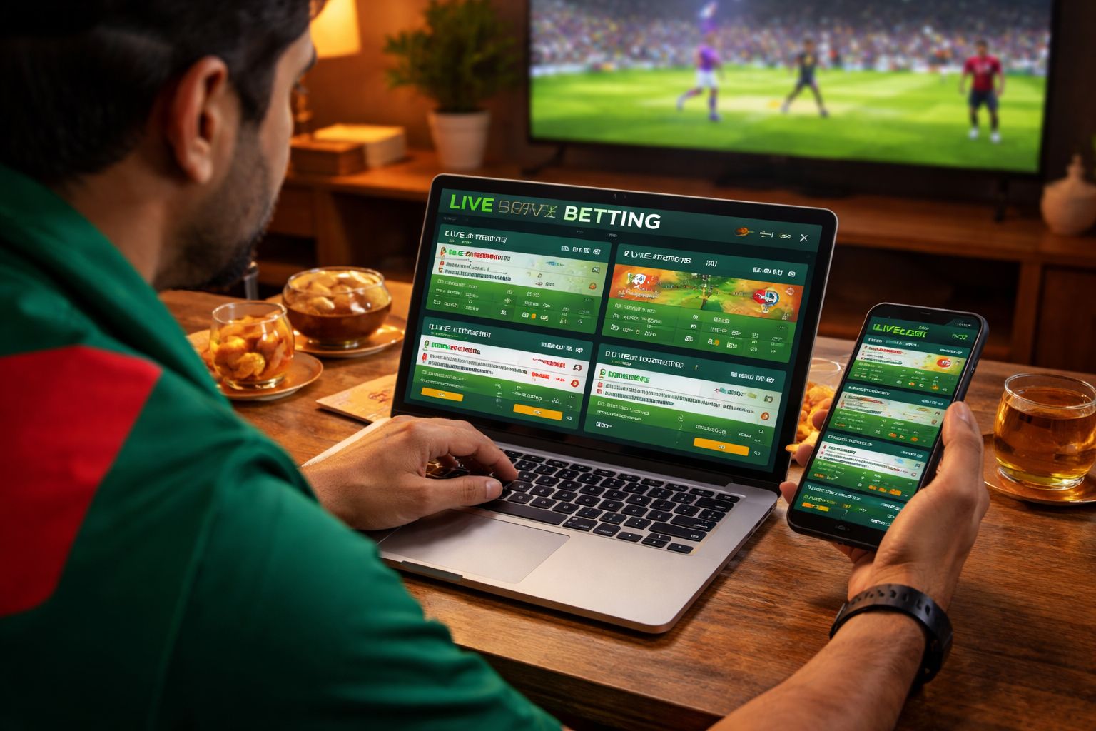 Attentive Bangladeshi punter reviewing live cricket markets on a laptop using 5KBD while a televised match plays in a comfortable living room