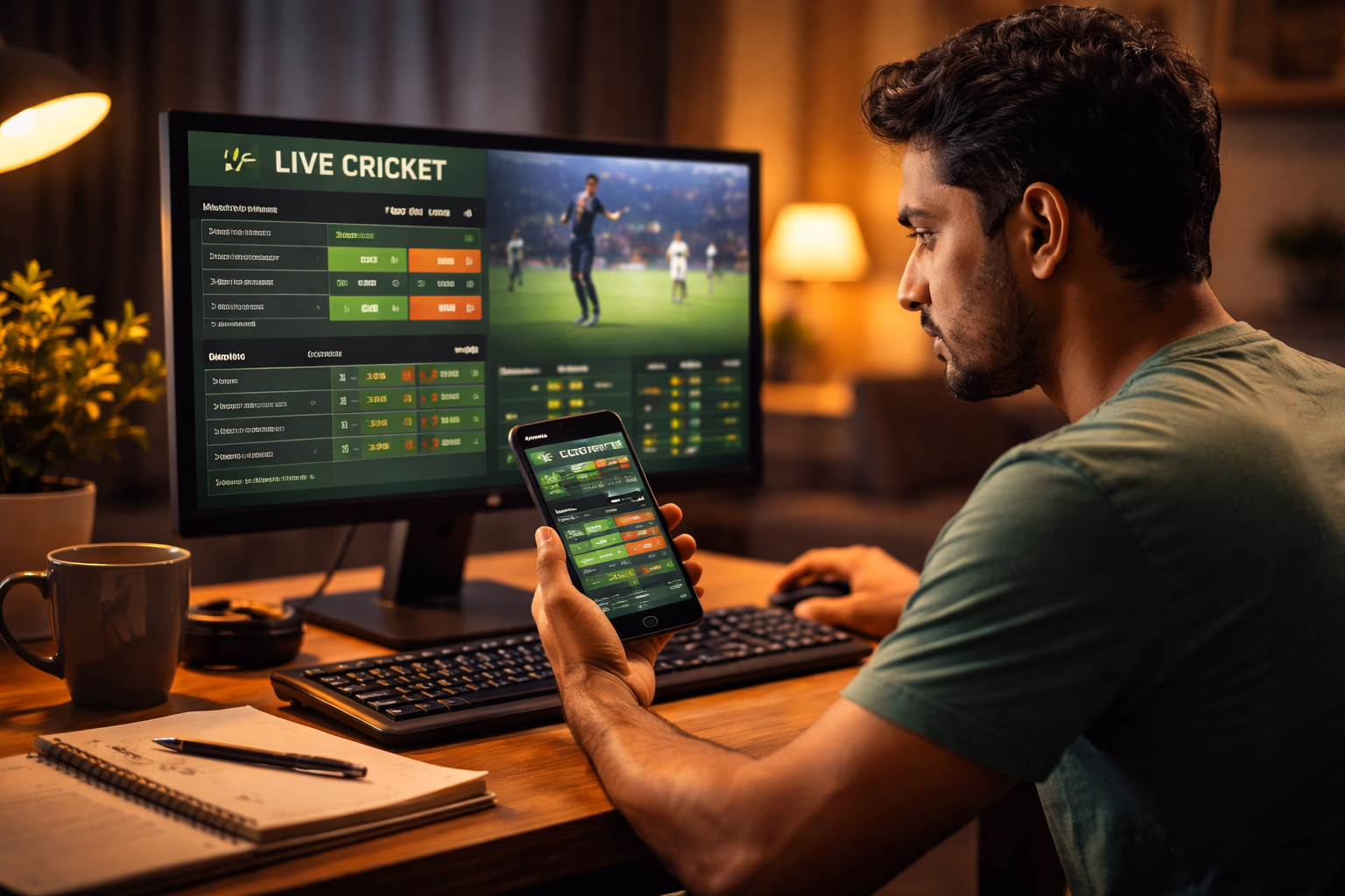 Engaged Bangladeshi punter using a desktop and mobile device at home while watching live cricket action and placing stakes through 5KBD