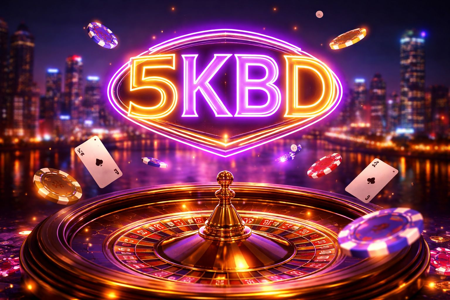 Vibrant 5KBD casino neon sign glowing above a roulette wheel and floating chips representing premium online play in Bangladesh
