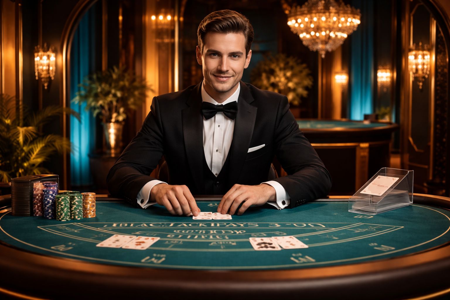 Elegant casino dealer confidently smiling at a roulette table surrounded by stylish decor and bright lights reflecting the 5KBD high-class atmosphere