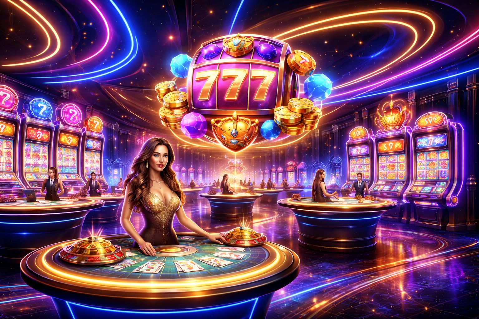 Confident casino host standing beside a roulette wheel surrounded by floating chips depicting the elite live house world of 5KBD in Bangladesh